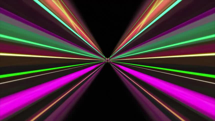 Vibrant multicolored light streaks converge toward a central point creating a highspeed motion effect against a black backgroundthe colors shift rapidly from pinks and yellows to deep greens as the perspective appears to pull through the tunnel of