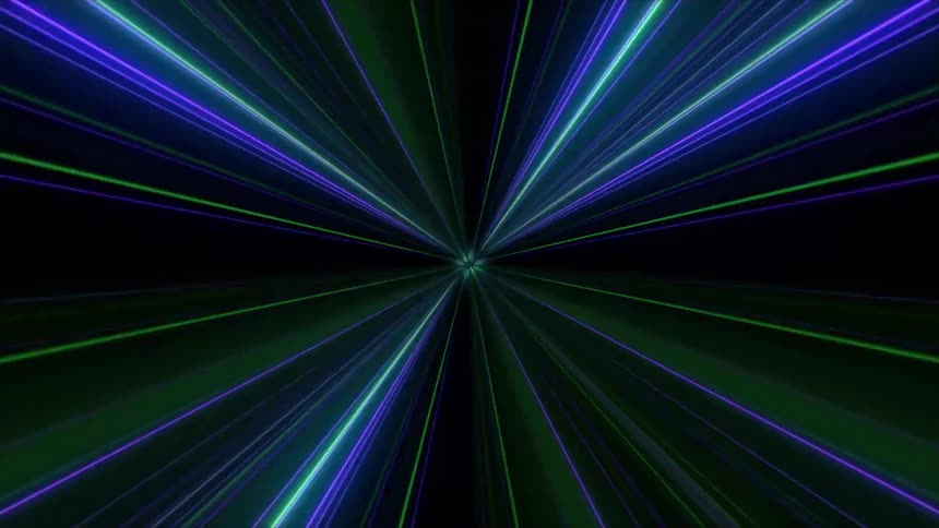 Vibrant blue and green neon light beams radiating from a central vanishing point