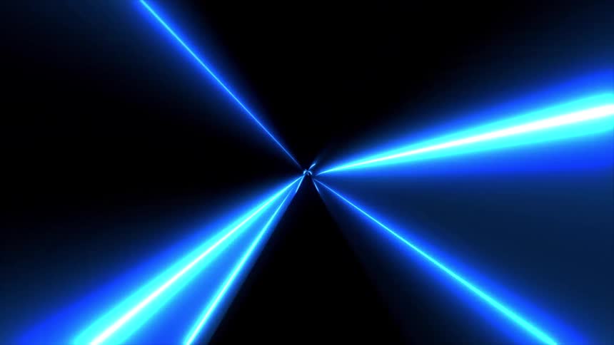 Blue light beams converging toward a central point against a dark background