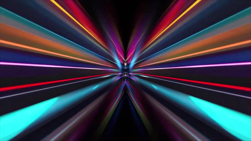 Multicolored light beams converging toward the center against a dark background