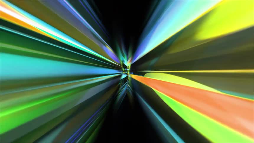 Multicolored light beams converge toward a central point in an abstract tunnel