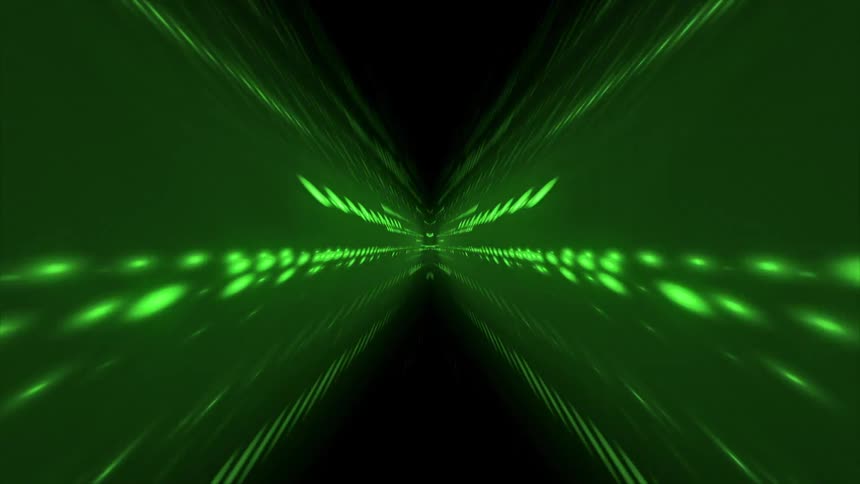 A digital symmetrical animation of green light patterns moving through a dark space luminous green streaks and dotted lines stream outward from a central vanishing point creating a highspeed warp drive or data tunnel effect