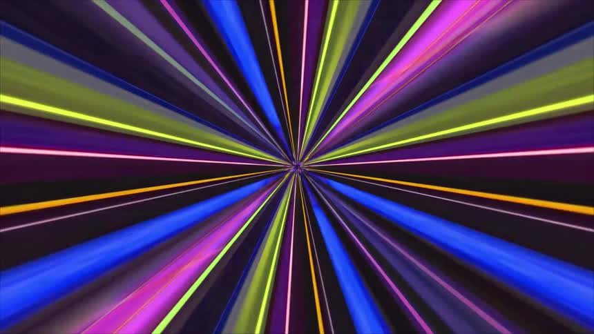 A view from the center shows multicolored lights radiating outward in a dark space