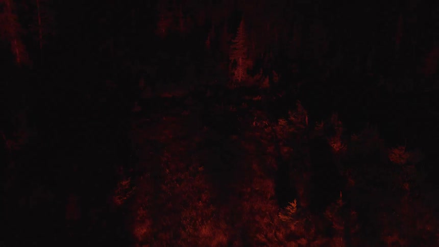 An aerial shot flies over a dark forest clearing at night when suddenly a brilliant signal flare erupts from the ground casting an intense fiery glow across the dense trees