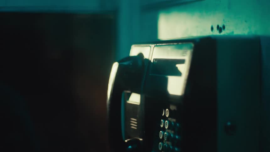 Person standing in a phone booth lit by blue lighting hangs up the phone