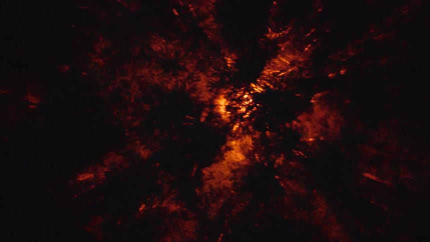 A torch burns in the forest at night its flame casting a warm glow that briefly reveals the nearby trees as the torch is moved to the right the shifting light sweeps across the trunks and branches