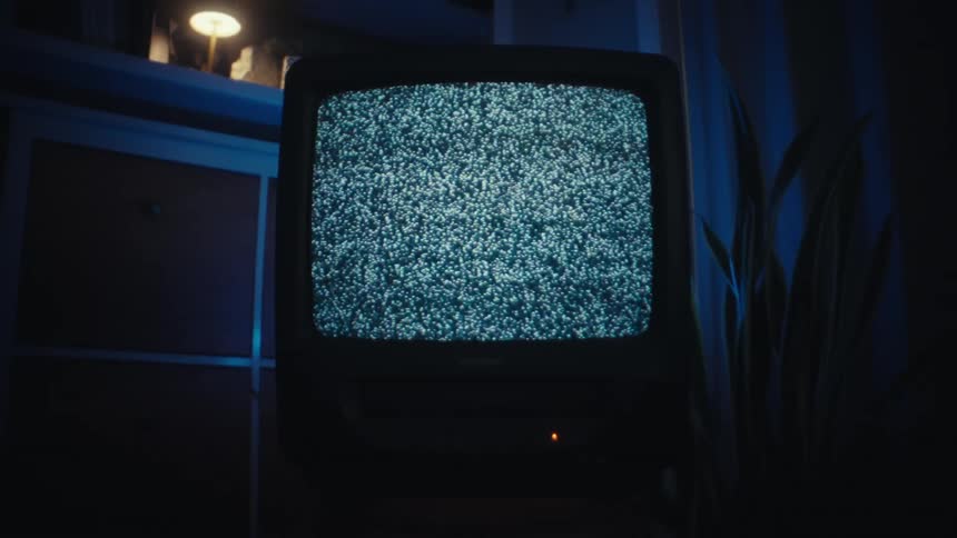 Vintage television set displaying static on the screen in a room with furniture and a potted plant indoors
