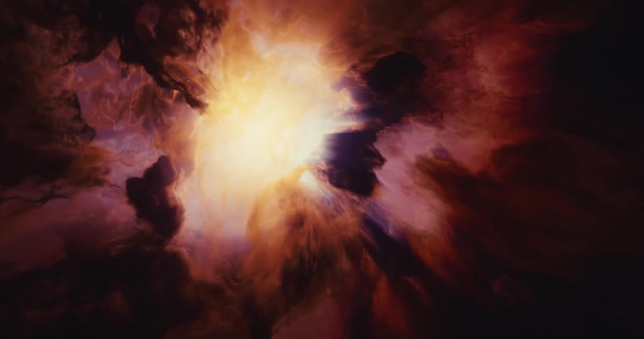 Bright explosion emerges among dense cloud formations in orange and dark tones