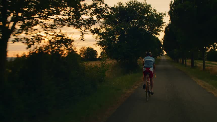 A cyclist rides steadily down a treelined country lane pedaling into the warm golden glow of the setting sun as it filters through the leaves