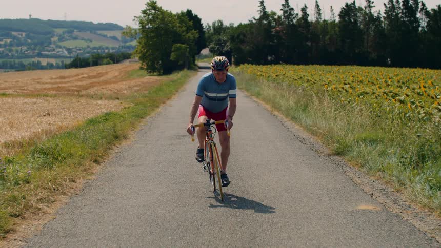 A determined cyclist pedals directly toward the camera on a narrow country road flanked by a vibrant sunflower field and rolling sundrenched hills in the background