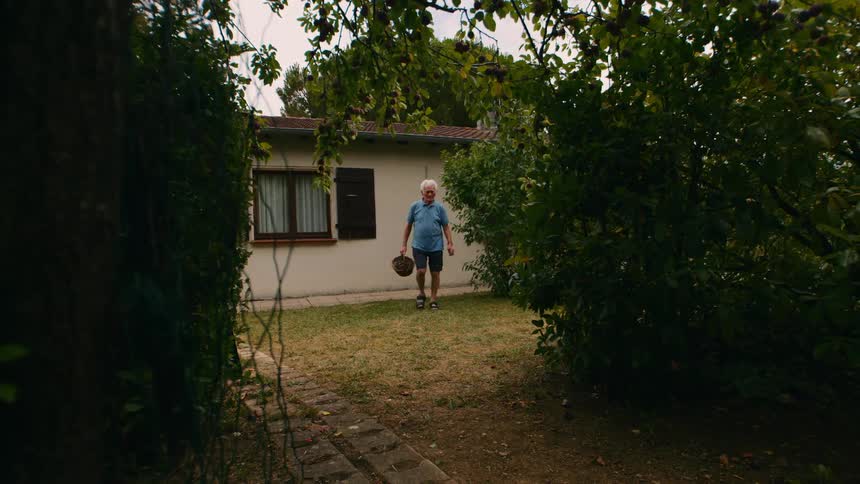 In a grassy backyard an elderly man with white hair and wearing a light blue polo shirt walks toward the camera while carrying a small woven basket