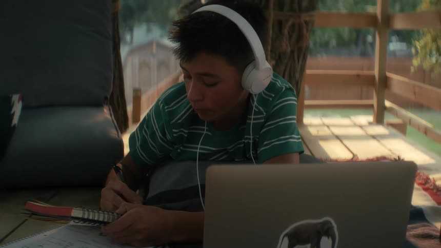 Boy is lying down and doing schoolwork in his tree fort writing and using a laptop
