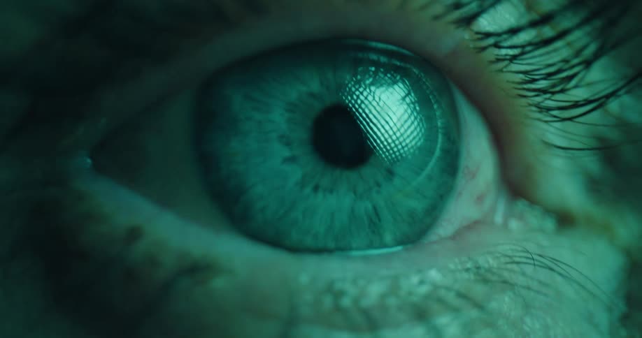 Closeup of a blue eye with a grid pattern reflection visible in the pupil