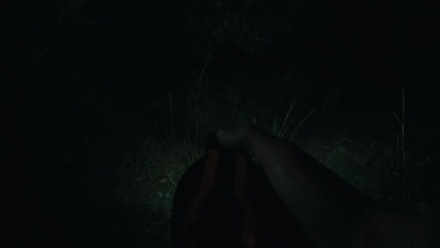 Man moves across a field near the trees at night using a flashlight