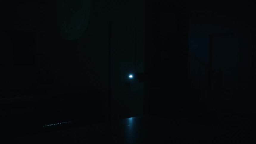 A person cautiously explores a dark house with a flashlight its narrow beam cutting through the shadows until a sudden flash of lightning briefly illuminates the entire room
