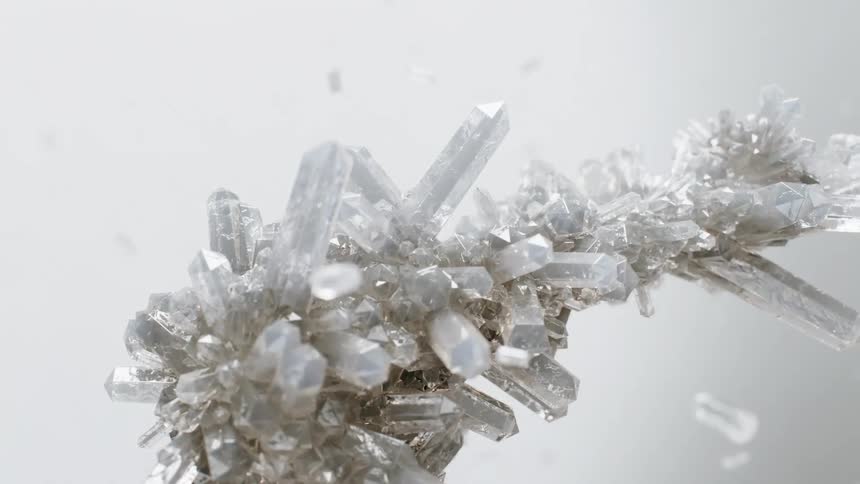 Translucent crystal formation with angular facets and clear reflections against a neutral background
