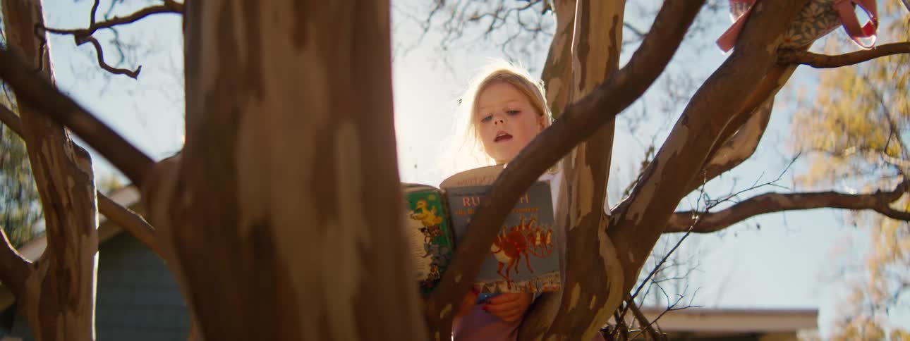 A young girl sits up in a tree while reading a hardcover book