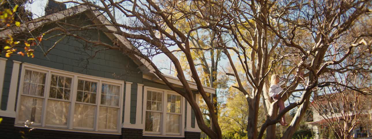 A young girl sits on a branch of a tree in the yard outside of a house