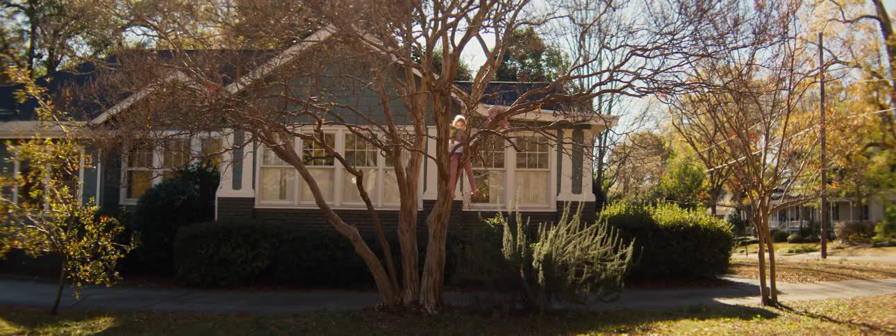 Little girl sitting on tree branches in front of a residential house surrounded by vegetation