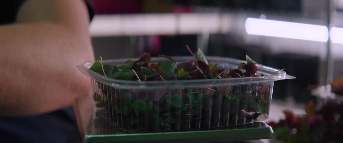 Woman fills a plastic container sitting on a scale with produce