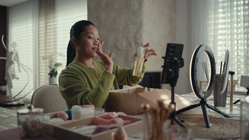 Woman presents a product bottle during an unboxing in front of a phone on a tripod with a ring light