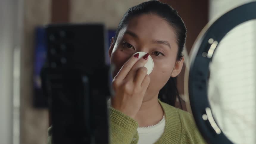 A woman sits and cleans her skin while recording herself on her smartphone