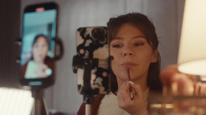 A woman carefully applies makeup while recording herself with her phone