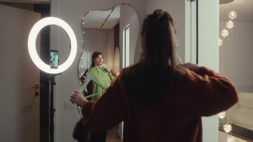 A woman trying on dresses in front of a mirror