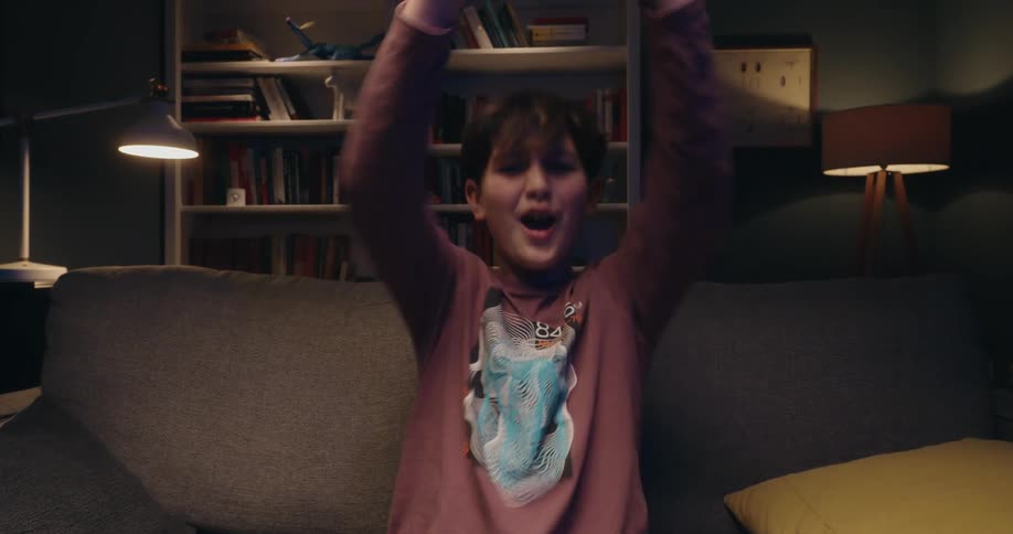 Boy celebrates after winning while playing a video game in the living room