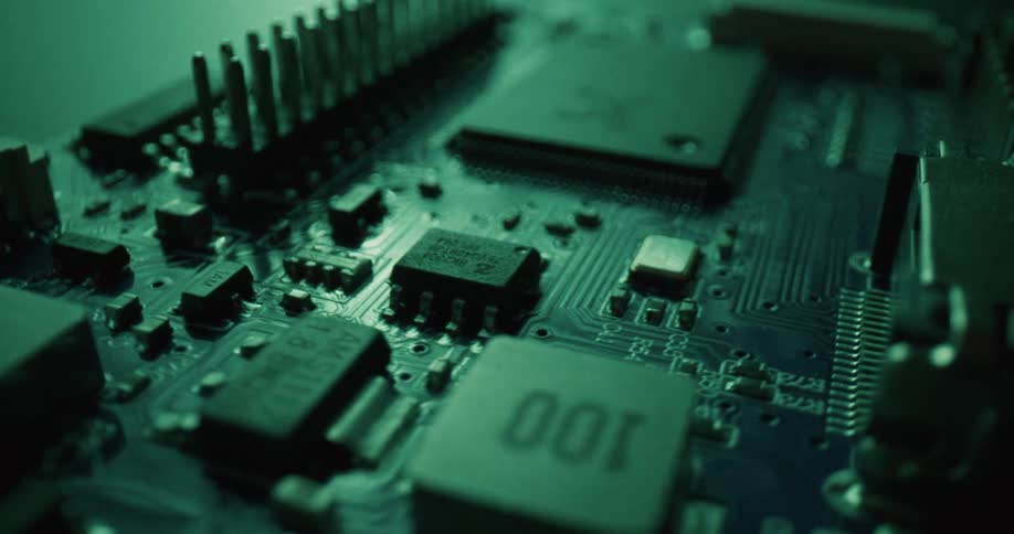 Circuitry and parts on a motherboard indoors