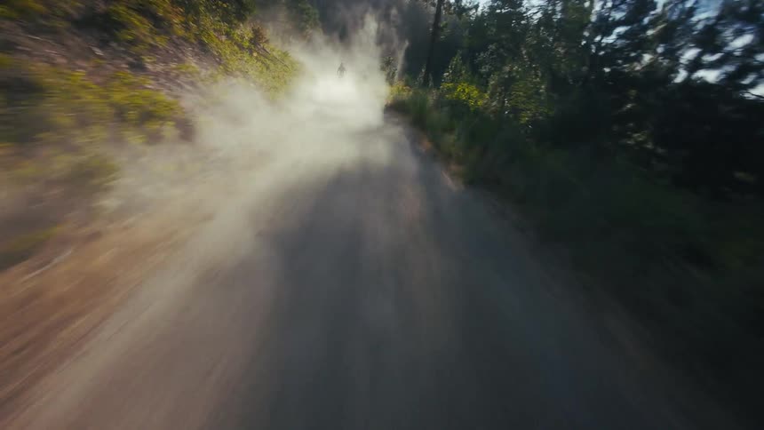 A motorcycle is kicking up a lot of dust as it makes its way down a dirt road in a forest