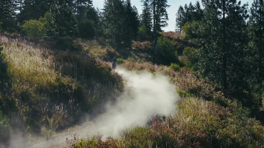 A lone biker kicks up dust while riding a winding dirt trail on a sunlit forested hillside