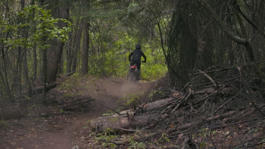 Motorcyclist rides along a path through the woods kicking up dust
