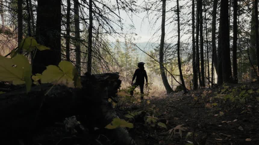 Young man wearing a motorcycle helmet standing at the edge of a forested mountain looking around