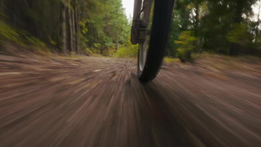A mountain bike wheel spinning rapidly along a dirt path through a forest