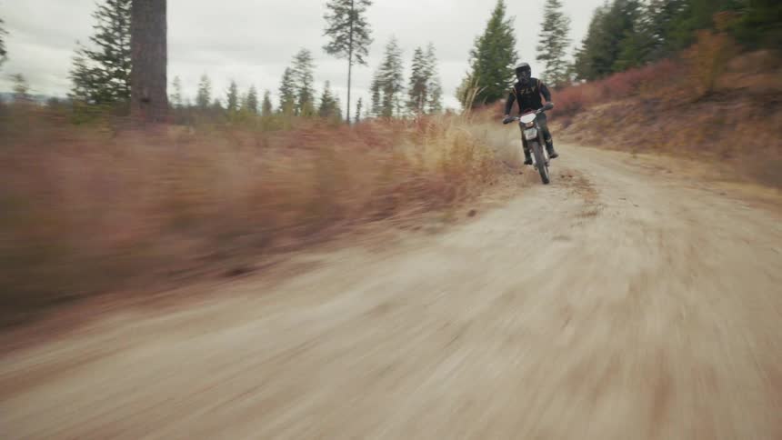 A man wearing a black helmet and dark riding gear moves quickly on a motorcycle along a dirt road through an open field with sparse trees under an overcast sky