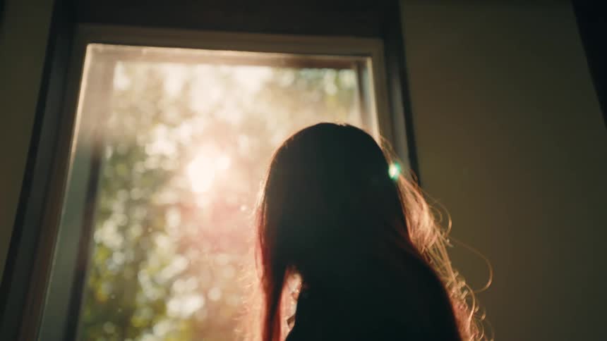 A young woman with long dark hair is seen from behind as she stands in a dimly lit room looking out of a window at sunlit trees