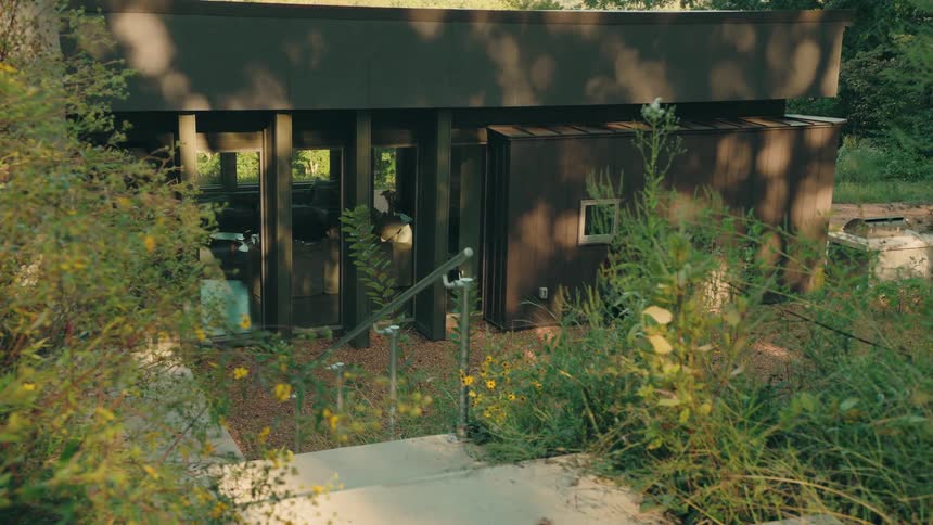 A person walks down a set of stone steps toward a modern darkclad cabin tucked away in a lush wooded areathe path is surrounded by overgrown greenery and yellow wildflowers leading to a structure with large floortoceiling windows