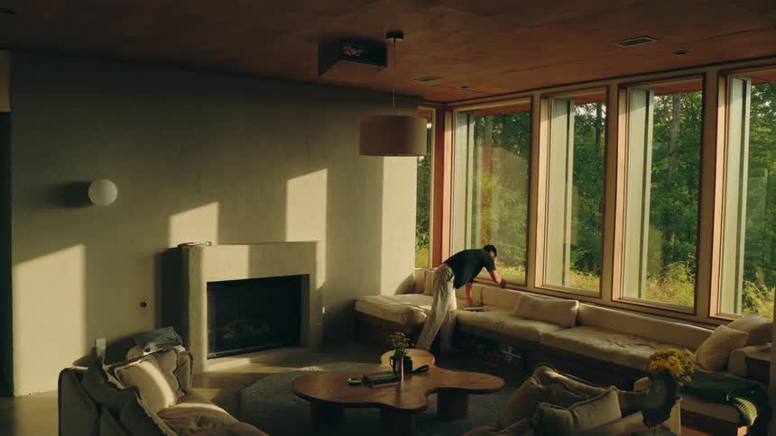 As golden afternoon light casts long shadows across a modern living room a man walks past the fireplace settles onto a cushioned window seat and opens a book to read