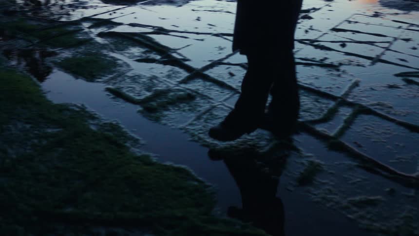 Person walks on mossy wet surface in coastal area at dusk