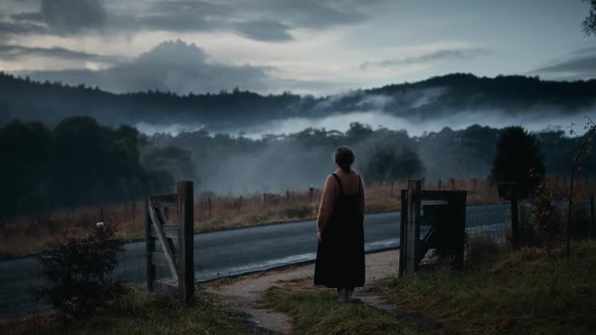 Person standing beside a rural road observing a misty mountainous landscape at dusk
