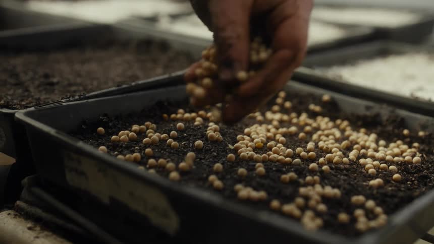 Seeds scattered over tray with dark soil in controlled environment