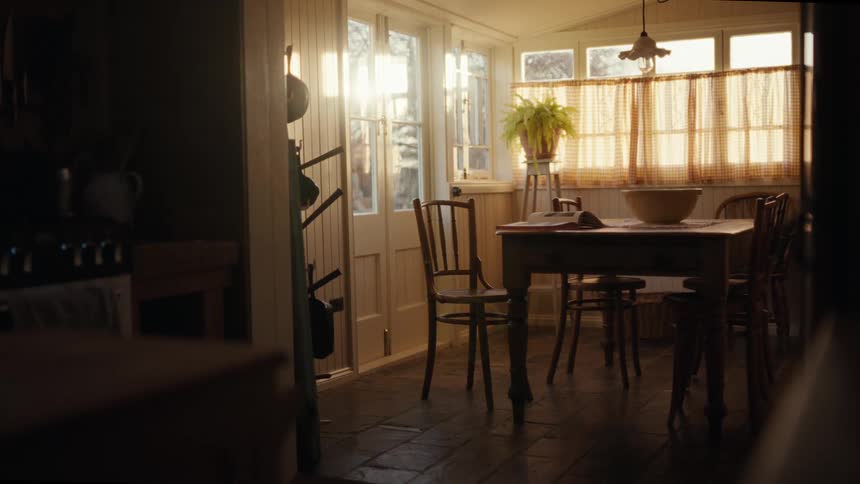The dining room in the home has no people