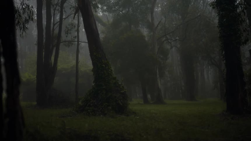 A natural landscape with tall trees and green leaves at dawn