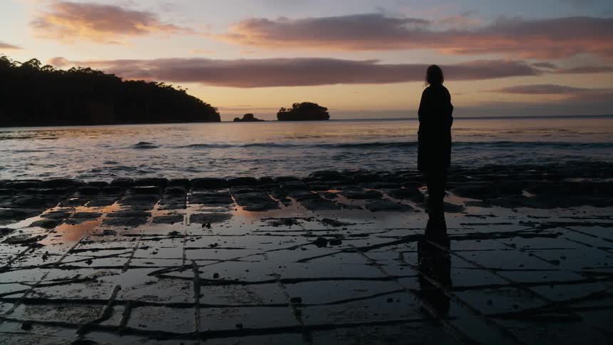 Silhouette of a person standing on a wet rocky shore facing the sea at sunset