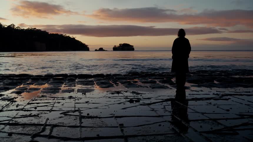 A silhouette of a woman in a long coat stands on a dark wet stone shore as small waves roll in from the ocean under a cloudy sky during sunset