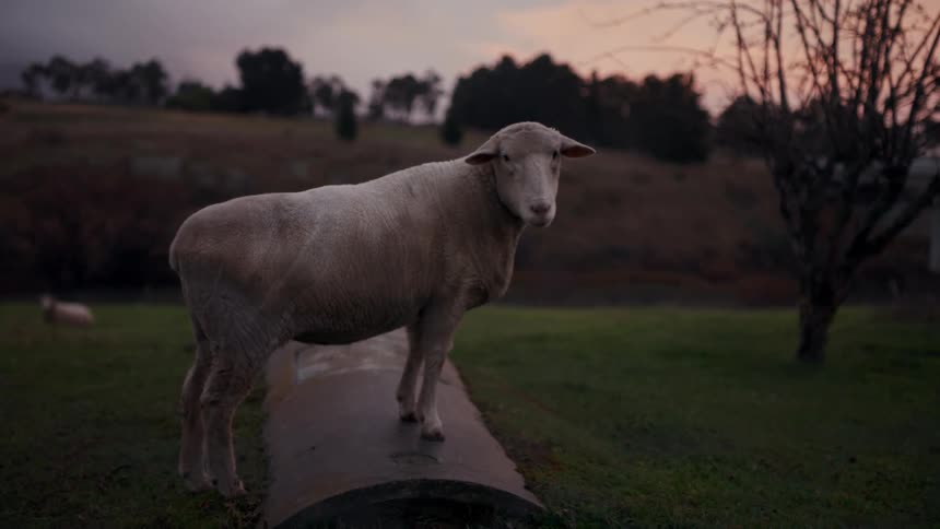 A sheep gazes while standing on a small bridge over a grassy countryside at dusk