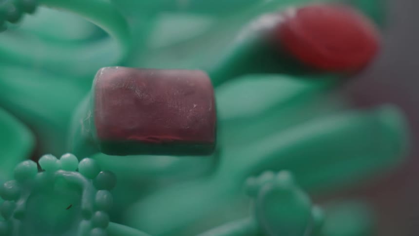 Closeup of a reddish cylindrical piece among green elements in a macro composition