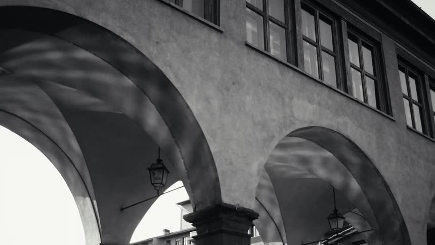 Black and white architectural corridor with pillars and glass windows at daytime