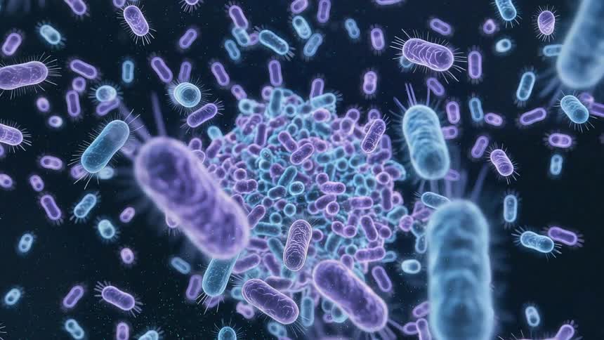 Rodshaped bacteria dispersed in a microscopic environment with filamentlike structures and blue and purple coloring